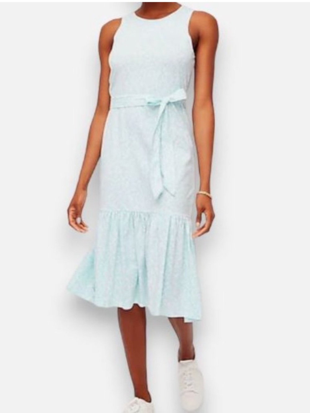 J. Crew Powder Blue White Ditsy Floral Knit Tie Waist Midi Dress